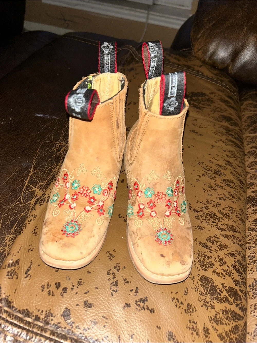 Kids Tan Suede Ankle Boots with Floral Embroidery